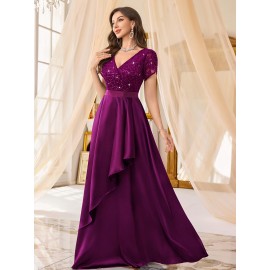 Elegant Purple Sequin Lace-Trimmed V-Neck Gown with Ruffle Sleeves and Flowing Skirt - Perfect for Formal Events, Formal Event Attire|Sequin Embellished Dress|Lace Trim Detail, Elegant Party Dress For Women, Elegant Dress For Women, Elegant Woman'S Dress