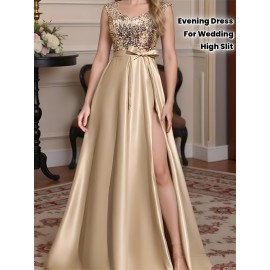 A formal evening gown with champagne colored elegant party sequins spliced high slit to the thigh back, a fashionable French wedding dress, suitable for party dinners/music performances/speech occasions, long dresses