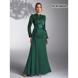 Emerald Green Sequin & Beaded Long Sleeve Bridesmaid Gown - Elegant Stand Collar Evening Dress for Weddings, Prom, Formal Events - All-Season Polyester Evening Dress for Women, Wedding Guest Attire | Sophisticated Bridesmaid Dress | Sequin Embellishments