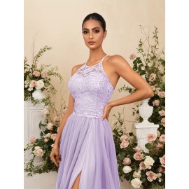 Elegant Blue Lace-Trimmed Maxi Dress with High Slit - Sleeveless, Flowing Design for Weddings, Proms & Formal Events, Perfect for Showcasing Fashionable Style, Formal Event Attire|Sleek Fitted Top|Lace Trim Detail