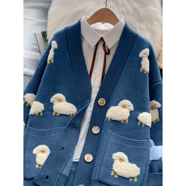 Women'S Elegant V-Neck Cardigan - Soft Sweater Coat with Button Front, Long Sleeve Fall/Winter Outerwear, Chic Layering Piece for Casual & Formal Outfits, Cardigan Sweater, Winter Clothing, Geometric Pattern, Stylish Coat, Office Wear