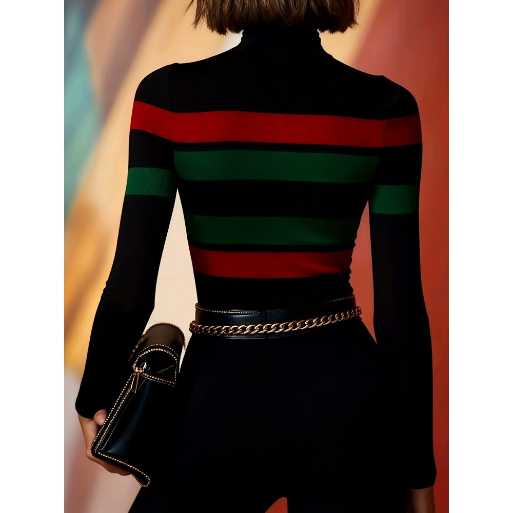 Women'S Bold Striped High-Neck Long Sleeve Crop Top - Vibrant Red & Green Stripes, Stretchy Fabric, Form-Fitting Design, Perfect for Casual or Stylish Outfits, Versatile Fashion Piece | Bold Striped Top | Construction, Crop Top Blouse