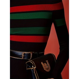 Women'S Bold Striped High-Neck Long Sleeve Crop Top - Vibrant Red & Green Stripes, Stretchy Fabric, Form-Fitting Design, Perfect for Casual or Stylish Outfits, Versatile Fashion Piece | Bold Striped Top | Construction, Crop Top Blouse