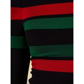 Women'S Bold Striped High-Neck Long Sleeve Crop Top - Vibrant Red & Green Stripes, Stretchy Fabric, Form-Fitting Design, Perfect for Casual or Stylish Outfits, Versatile Fashion Piece | Bold Striped Top | Construction, Crop Top Blouse