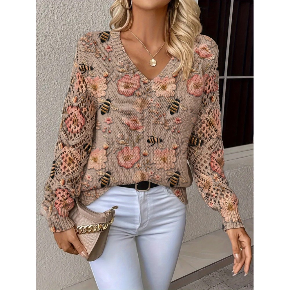 Elegant All-Season Bohemian Fashionable Versatile Pullover V Neck Long Sleeve Women's Top with Floral Pattern Flat Digital Print, Full-Piece Knitwear for Office Wear Street Style Home Outings