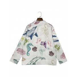 [Vibrant Marine Cardigan] Soft & Vibrant Women's Casual 3D Marine Animal Print Cardigan | Long Sleeve, Button-Up, Round Neck, Sea Creature Design, Hand Wash or Dry Clean, All-Season Comfort, Ocean Theme, Comfortable Layering, Youthful Style, Textured