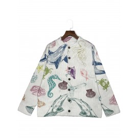 [Vibrant Marine Cardigan] Soft & Vibrant Women's Casual 3D Marine Animal Print Cardigan | Long Sleeve, Button-Up, Round Neck, Sea Creature Design, Hand Wash or Dry Clean, All-Season Comfort, Ocean Theme, Comfortable Layering, Youthful Style, Textured