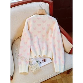 Women's Sweater - Soft Pink Heart pattern Sweater, Chic Crewneck Pullover for Everyday & Formal Outfits, All-Season Elegant Women's Sweater, Versatile Fashion, Sweet Aesthetic Top, Comfortable Fit, Durable Fabric