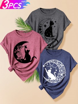Creative Moon Cat Pattern Three-Piece Set: Family, Friends, Sisters - Printed Fashion Retro Style Women's Summer Casual Sporty Round Neck Short Sleeve T-Shirt in Multiple Colors