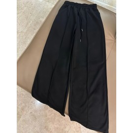 Casual Stretch Slim Fit Crew Neck Button Pullover T-Shirt + Elastic Waist Wide Leg Pants Long Set