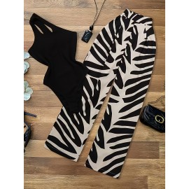 Women's 2pcs Sleeveless Off-Shoulder High-Waisted Set - Black & White Geometric Zebra Stripe Wide-Leg Pants & Top, Non-Stretch Summer Outfit for Beach, Casual Semi-Formal Wear, 2pcs Outfit Set (No Accessories Included)