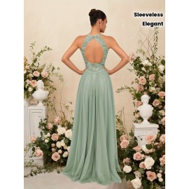 Elegant Blue Lace-Trimmed Maxi Dress with High Slit - Sleeveless, Flowing Design for Weddings, Proms & Formal Events, Perfect for Showcasing Fashionable Style, Formal Event Attire|Sleek Fitted Top|Lace Trim Detail