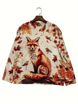[Retro Fox Sweater] Retro 3D Fox & Birds Print Pullover Sweater | Long Sleeve Round Neck Loose Fit with Autumn Leaves Design, All-Season Casual Chic Top