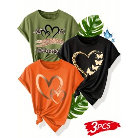 [3pcs Retro Tees] 3pcs Retro Love Heart Graphic Tees | Casual Short Sleeve Women's T-Shirts in Beige, Red & Orange with Golden Accents, Soft Polyester Blend