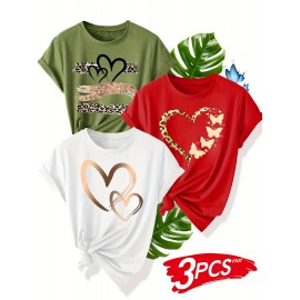 [3pcs Retro Tees] 3pcs Retro Love Heart Graphic Tees | Casual Short Sleeve Women's T-Shirts in Beige, Red & Orange with Golden Accents, Soft Polyester Blend