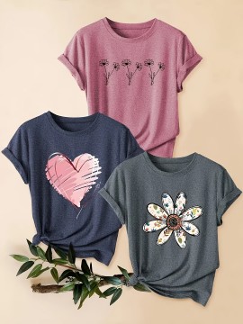 3pcs Women'S Floral Print T-Shirts - Casual Crew Neck, Short Sleeve, Medium Stretch Summer Tops with Heart & Flower Design, Plus Size, Fashionable for Commute, Vacation & Casual Attire