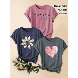 3pcs Women'S Floral Print T-Shirts - Casual Crew Neck, Short Sleeve, Medium Stretch Summer Tops with Heart & Flower Design, Plus Size, Fashionable for Commute, Vacation & Casual Attire