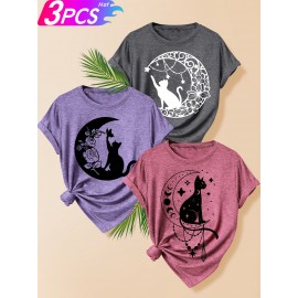 Creative Moon Cat Pattern Three-Piece Set: Family, Friends, Sisters - Printed Fashion Retro Style Women's Summer Casual Sporty Round Neck Short Sleeve T-Shirt in Multiple Colors