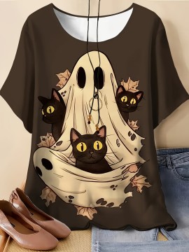 Plus Size - Plus Size - Women'S Plus Size Halloween T-Shirt - Cute Ghost & Pumpkin Print, Casual Crew Neck Short Sleeve Top, Medium Stretch, Non-Transparent, Machine Washable, Festive Summer Fashion, Halloween Apparel | Playful Print Top | Stretchy Fabric