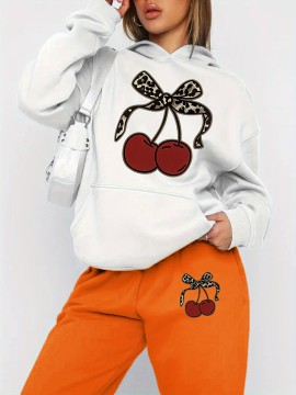 [Playful Design|Cherry Themed] Playful Design|Cherry Themed Hoodie and Pants Set - Casual Long Sleeve Pullover with Pockets, Fall/Winter Collection, Women's Fashion