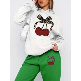 [Playful Design|Cherry Themed] Playful Design|Cherry Themed Hoodie and Pants Set - Casual Long Sleeve Pullover with Pockets, Fall/Winter Collection, Women's Fashion