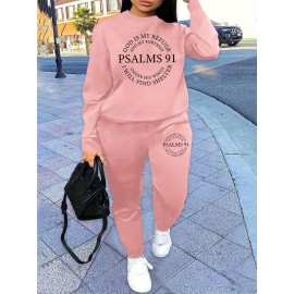 Letter Print Two Piece Set, Crew Neck Sweatshirt & Pants, Women's Clothing