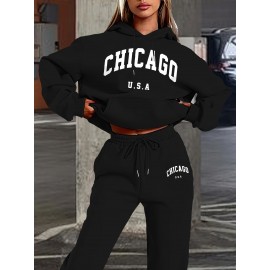 [Chicago U.S.A. Print Hoodie Set] Red Polyester Women's Chicago U.S.A. Letter Print Hoodie & Pants Set - Drawstring, Machine Washable Casual Outfit
